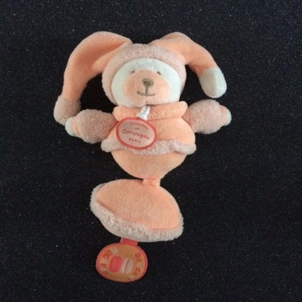 Doudou et Compagnie Bear Ourse Rattle Hochet Plush Toy Used Peach Orange Macaron